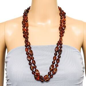 Vintage Endless Lucite Faux Amber Tortoiseshell Necklace 2 Strands Connected
